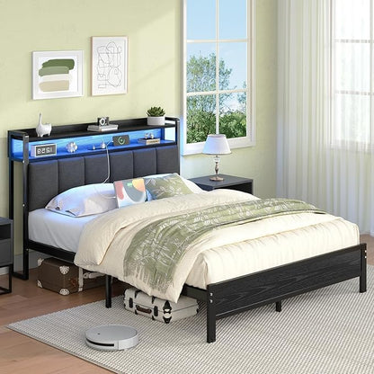 Full Size Bed Frame with LED Lights and Charging Station, Metal Platform Bed Frame Full with Upholstered Storage Headboard, Heavy Duty Metal Slats, No Box Spring Needed, Easy Assembly, Dark Grey