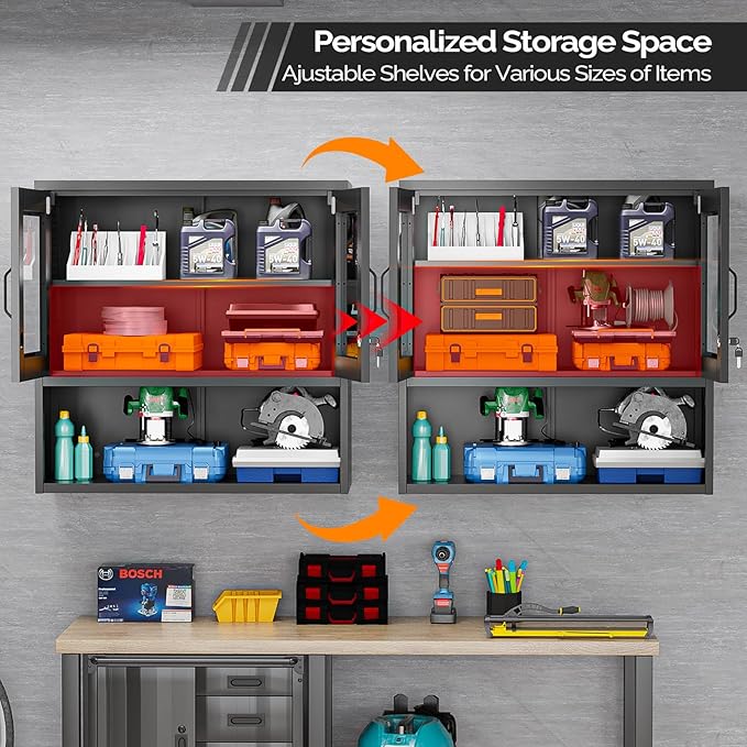 VINGLI Metal Wall Cabinet with Locking Glass Doors & Magnetic LED Sensor Light