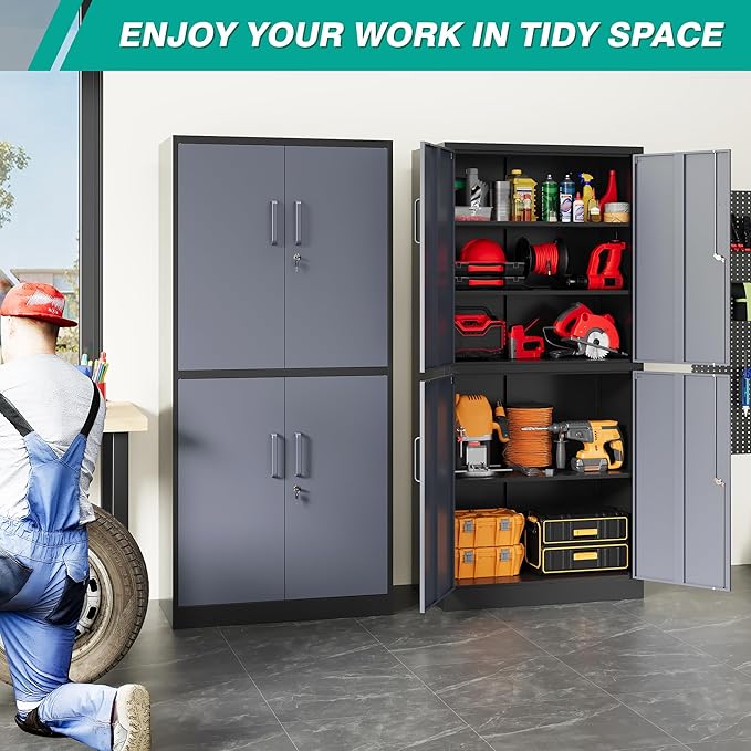 Metal Storage Cabinets with Doors and Shelves, 4 Door Lockable Storage Cabinets