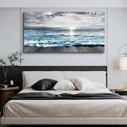 Lapremoly Large Canvas Wall Art For Living Room Wall Decor For Bedroom Office Wall Decorations Black And White Beach Wall Painting Blue Ocean Sea Wave Pictures Stretched and Framed Modern Artwork