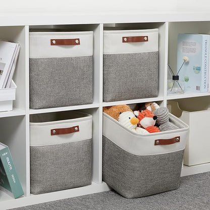 DULLEMELO [Set of 4 Storage Cubes Baskets for Organizing, 12 x 12 x 12 inch Cube Storage Organizer Bins with Leather Handles, Foldable Fabric Cloth Bins for Cube Storage(4 Pack - 12" White&Grey)