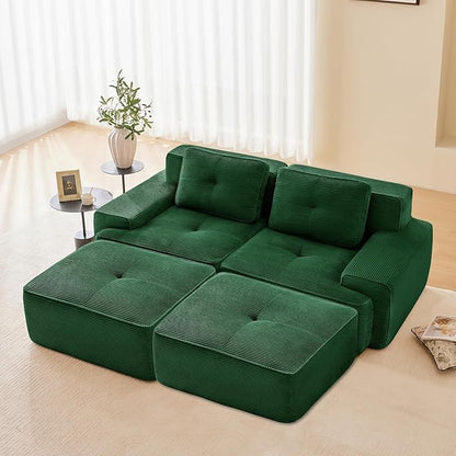 80" Modern Compressed Boneless Love Seat Couches with 2 Ottomans, 2 Seater Large Sectional Couches for Living Room, Green Corduroy Cloud Modular Sectional Sofa, Memory Foam, Deep Loveseat, No Assembly