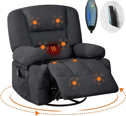Rocker Recliner Chairs for Adults w/Vibration Massage and Heating,360° Swivel Rocker Glider Recliner,Extra Wide Manual Lazy Chair,Chenille Fabric Sofa Chair for Living Room,Bedroom,Black
