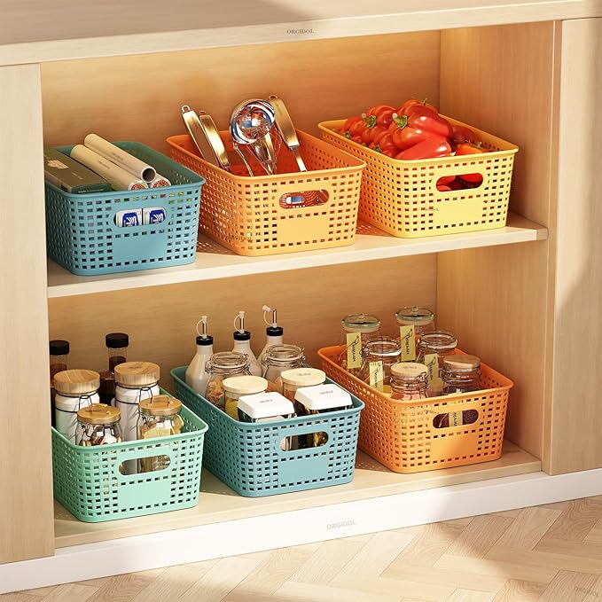 Plastic Storage Basket with Lids 12 Pack Stackable Colorful Storage Bins Containers with Lid, Decorative Storage Boxes for Organizing Shelves, Drawers, Playroom, Classroom, Office, Closet
