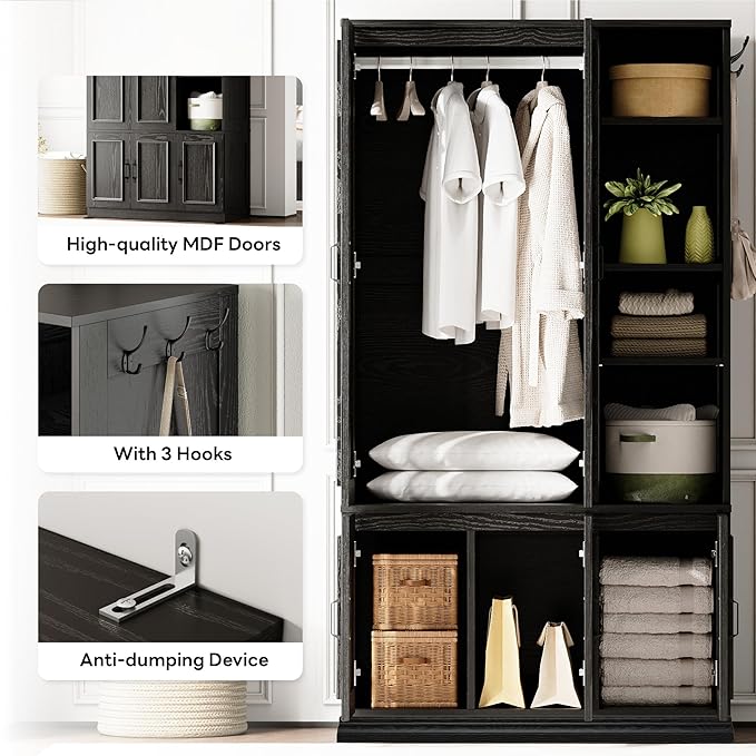 LIKIMIO Armoire Wardrobe Closet 70" H, 5 Doors Bedroom Wooden Wardrobe