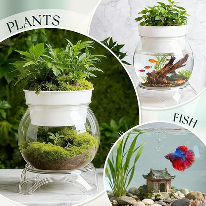 Geelin 1.5 Gallon Plastic Aquaponic Betta Fish Tank Aquaponic with Base and Top, Large Bowl Shatterproof Ecosystem Aquarium with Clear Clarity for Terrarium, Flower Vase Betta Fish Centerpiece Gifts