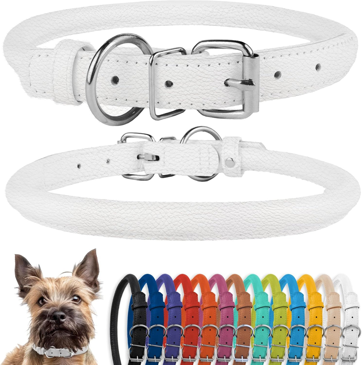 CollarDirect Rolled Leather Dog Collar, Soft Padded Round Puppy Collar, Handmade Genuine Leather Collar Dog Small Large Cat Collars 13 Colors (6-7 Inch, White Textured)