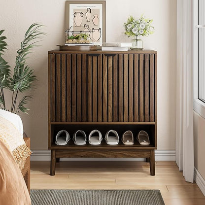 Shoe Cabinet with Slatted Doors, 4 Tier Freestanding Shoe Cabinet Storage