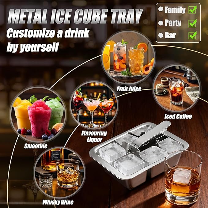 Ice Cube Trays, 4 Pack Large 6-cube Stainless Steel Ice Cube Trays
