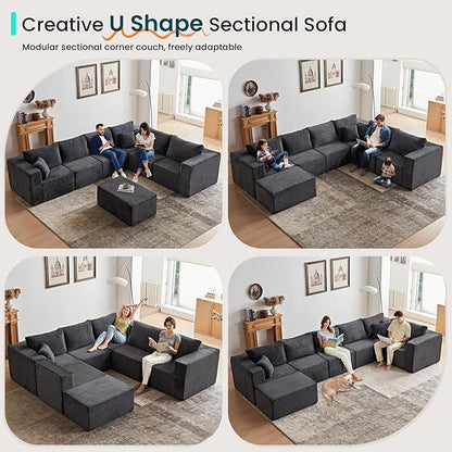 156" U Shaped Cloud Couch Sectional Modular Sofa with Deep Seat, 7 Seater Corduroy Couches, Boneless Couch with Removable Ottoman, Sectional Couches for Living Room, No Assembly Required, Grey