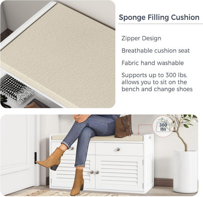 Shoe Storage Bench with 2 Drawers & 2 Doors, Entryway Bench with Cushion, 2 Adjustable Shelves, Shoe Cabinet for Entryway, Living Room, Hallway, Mudroom, Bedroom, White