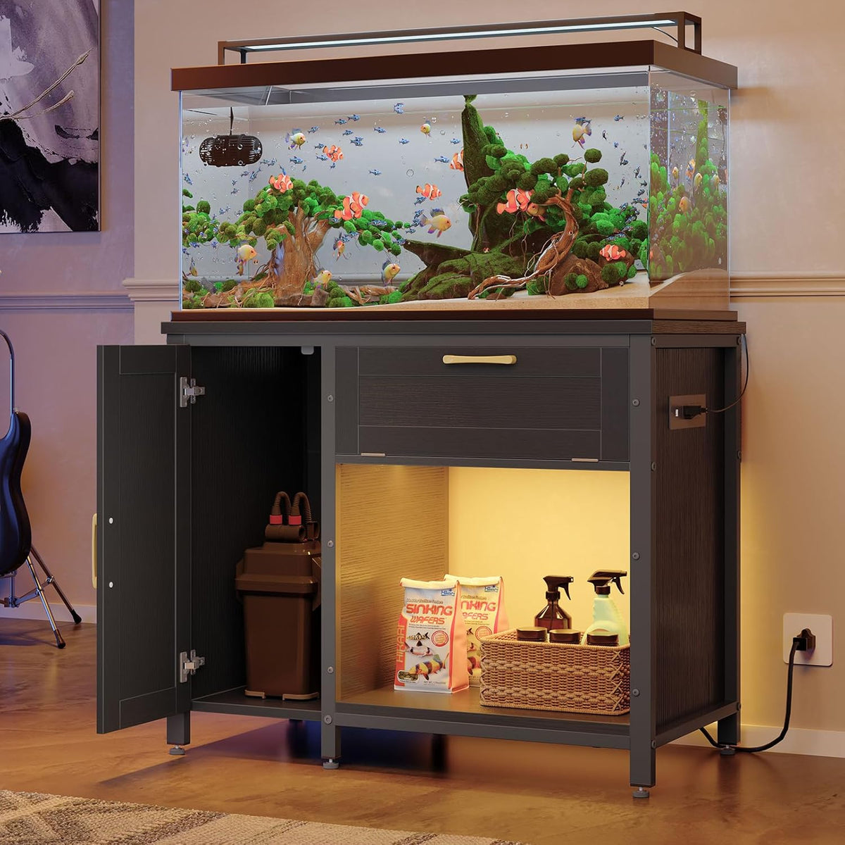 Bestier 40-50 Gallon Fish Tank Stand with Power Outlet&LED Light, 37x18 Heavy-Duty Metal Aquarium Stand with Cabinet&Drawer for Accessories Storage, Suit for Reptile/Turtle Terrarium,660Lbs Capacity