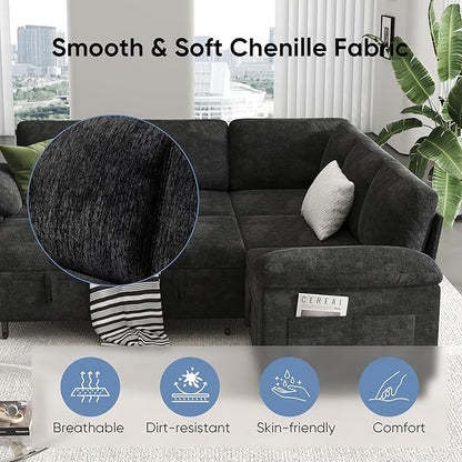 100" Modular Sectional Sleeper Sofa with Pull Out Bed,U Shaped 7 Seat Sectional Sofa with Storage,Modular Couch for Living Room,Deep Seat Couch with Removable Sofa Cover,Black