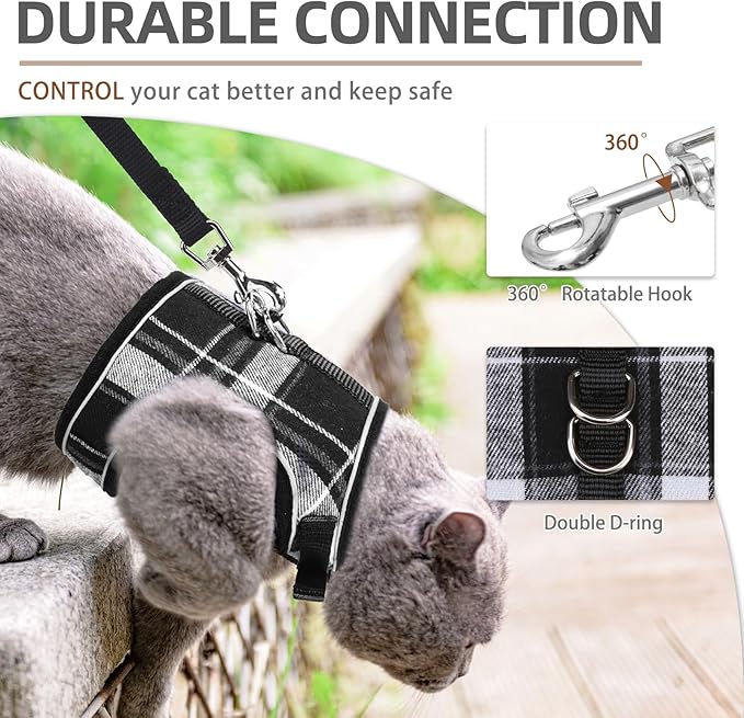 PUPTECK Soft Mesh Cat Vest Harness and Leash Set Puppy Padded Pet Harnesses Escape Proof for Cats Small Dogs Rabbits Bunny, Plaid Black, XL