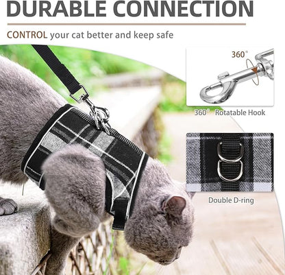 PUPTECK Soft Mesh Cat Vest Harness and Leash Set Puppy Padded Pet Harnesses Escape Proof for Cats Small Dogs Rabbits Bunny, Plaid Black, XL