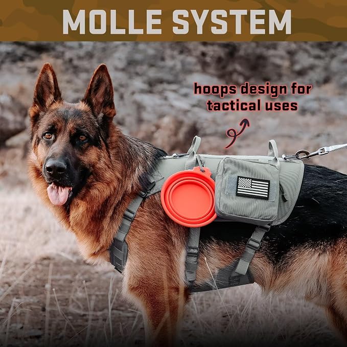 Forestpaw Tactical Dog Harness Tactical Dog Collar with Bungee Leash Set,No Pull Military Dog Harness for Walking Training,Adjustable for Medium Dogs,Gray,Chest 17-25"