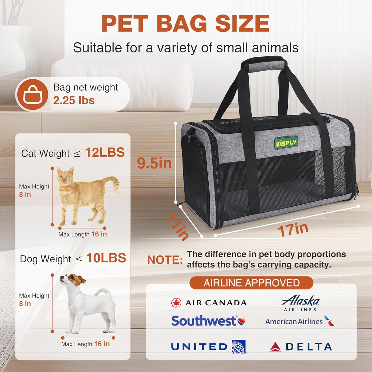 TSA Approved Pet Carrier in Cabin – Portable Travel Bag with Litter Box for Cats, Small Dogs, Kittens, Puppies & Rabbits (17"x11"x9.5"), for Pets up to 12 lbs, Gray