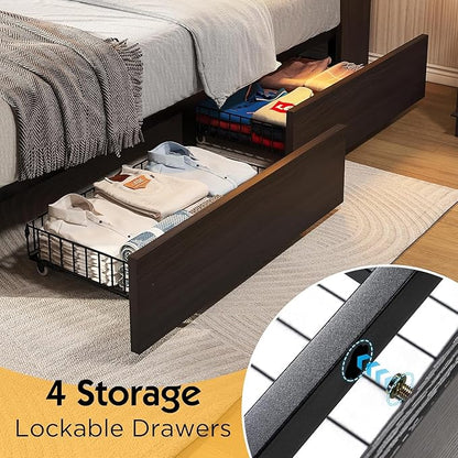 Queen Farmhouse Bed Frame with Bookcase Headboard and 4 Drawers, LED Storage Bed with Charging Station & Linen Upholstered, No Box Spring Needed,Black