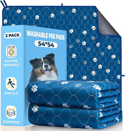 Fostanfly Washable Pee Pads for Dogs, 2 Pack Large 54"x54" Ultra-Absorbent and Leak-Proof Non-Slip Reusable Potty Training Pads for Dogs, Puppy & Cats of Add 8 Lanyards-Blue