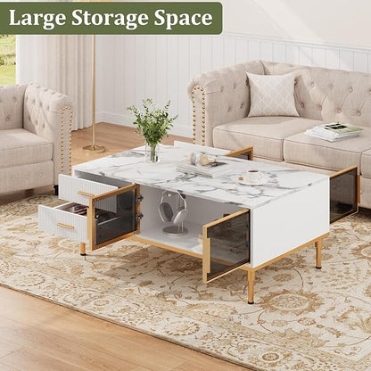 Modern White Coffee Table with Gold Metal Legs for Living Room - Large Center Table with 2 Glass Door Storage & 4 Drawers, Sintered Stone Table Top for Reception Room White