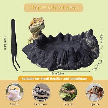 Reptile Water and Food Bowl with Feeding Tweezers Volcanic Rock Style Cement Feeding Dish for Bearded Dragon Leopard Gecko Lizard and Snake Non-Tip Terrarium Decor Landscape Accessory (Black)