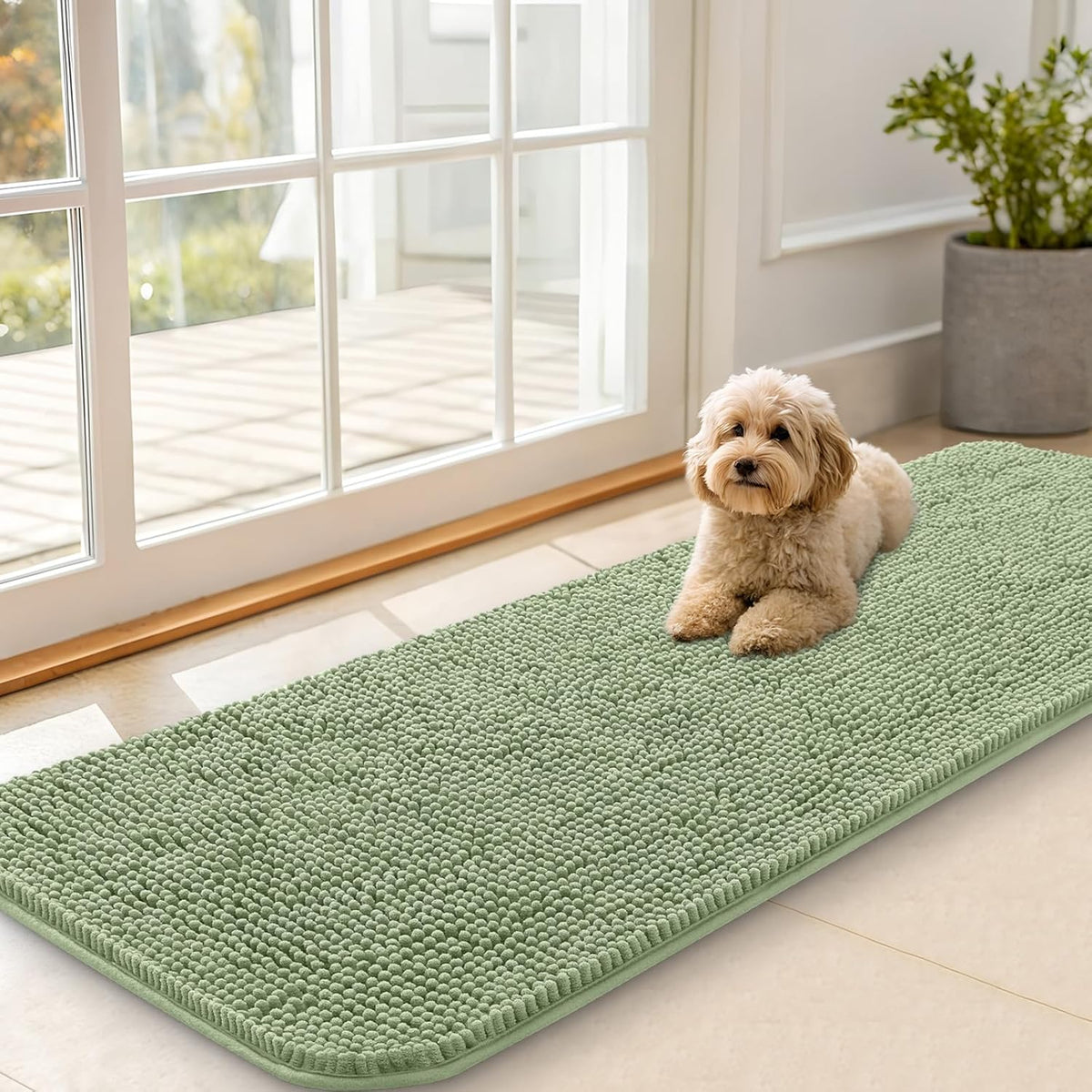 OLANLY Dog Door Mat for Muddy Paws 59x20, Absorbs Moisture and Dirt, Absorbent Non-Slip Washable Doormat, Quick Dry Chenille Mud Mat for Dogs, Entry Indoor Entryway Carpet for Inside Floor, Sage Green