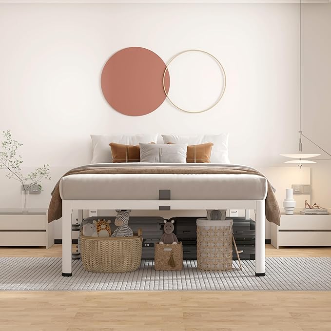 ROIL 14 Inch White Twin Size Bed Frame with Rounded Corner and Headboard Hole Mattress Retainers 3500LBS Heavy Duty Steel Slats No Box Spring Needed Platform Noise-Free Easy Assembly