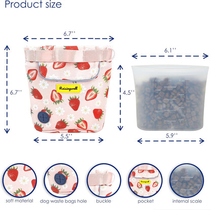 Dog Treat Pouch for Pet Walking and Training with Clicker 2 Cup Silicone Bag Small Fanny Pack Holder for Puppy Snack Dispenser Kit for Leash and Outdoor Use (Strawberry)