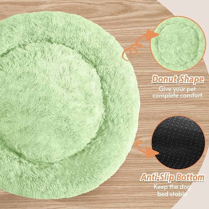 JOLLYVOGUE Calming Dog Bed Medium Size Dog, 31in Donut Washable Medium Pet Bed, Anti-Slip & Anti-Anxiety Fluffy Faux Fur Round Dogs Bed, Fits up to 45 lbs Pets (Light Green)