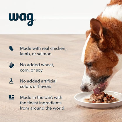 Amazon Brand - Wag Wet Dog Food Topper, Chicken, Lamb, and Salmon Stew in Gravy, 3.5 oz Pouches (Pack of 24)