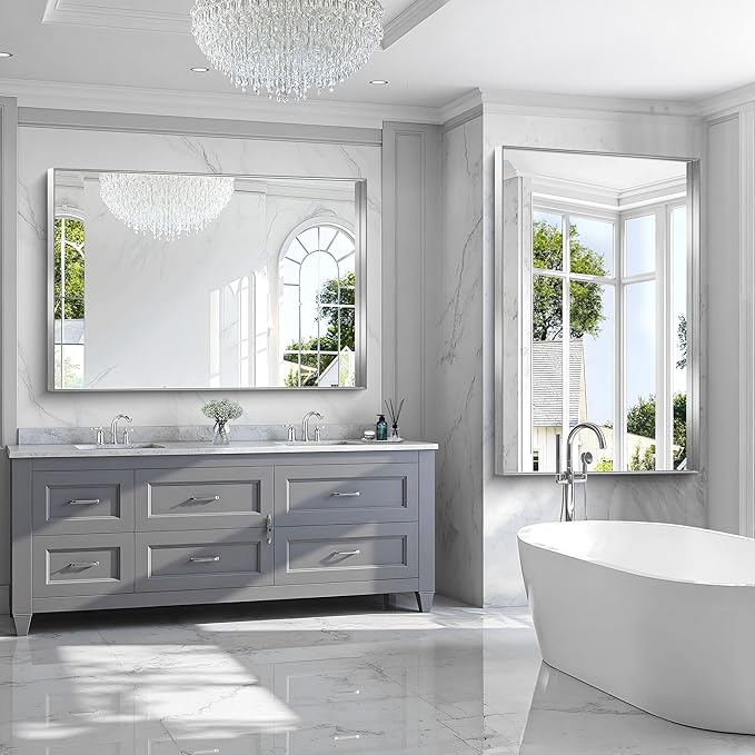 CIRCUMI Silver Bathroom Mirror, Brushed Finish, Tempered Glass, Large Mirror