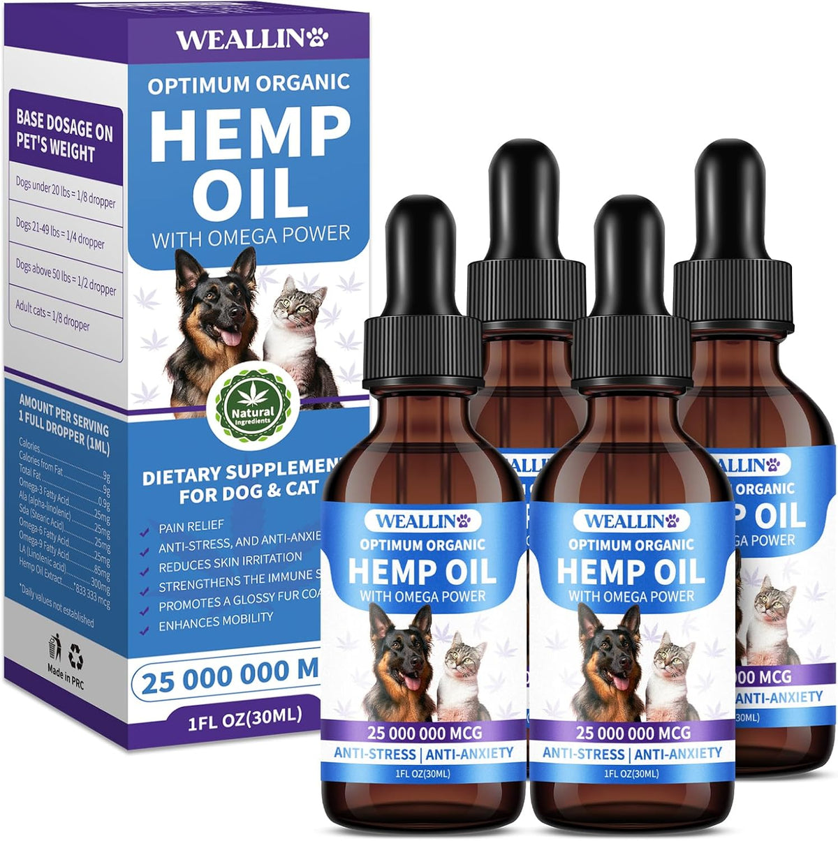 Hemp Oil for Dogs and Cats - Omega-3, 6, 9 Rich Organic Extract - Eases Pet Anxiety, Pain, Skin & Coat Health - Stress Relief, Hip & Joint Support - Calming Treats (4 Pack)