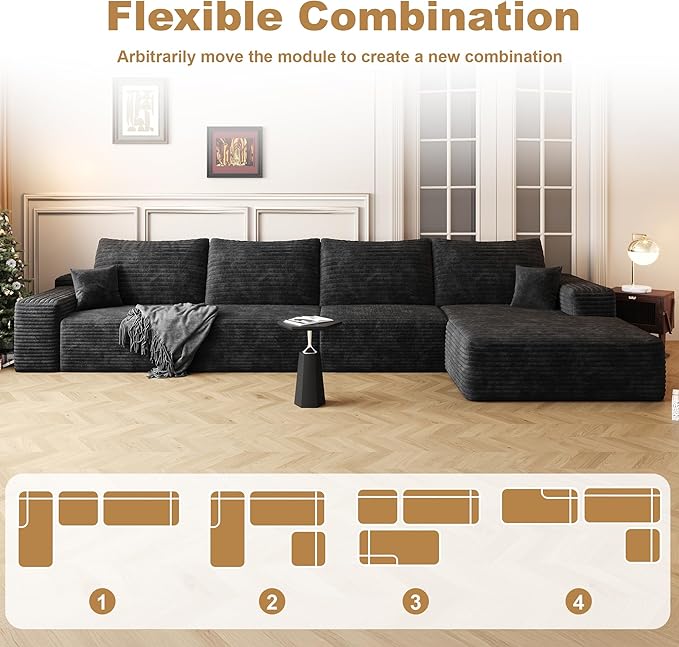 136" Sectional Couches for Living Room Modern Modular Sofa with L-Shape Couchs Upholstered Boneless Couch Deep Seat Sectional Couch with Chaise (Black, Right Facing Chaise+3Seaters)