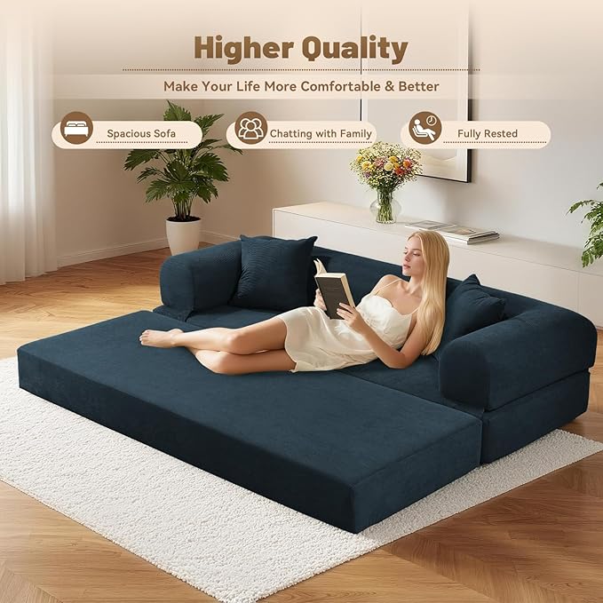 Convertible Futon Sofa Bed,80" Folding Pull Out Couch with Pillows & Storage Pocket, Oversized Queen Sleeper Sofa in a Box,Corduroy Boneless Couch for Living Room,Navy Blue