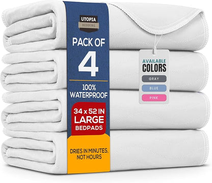Utopia Bedding Washable Underpads 34" x 52" (Pack of 4), Waterproof Reusable Heavy Absorbency Incontinence Bed Pads for Adults, Kids, Elderly and Pets, Bedwetting Pads for Sofa and Couch (White)