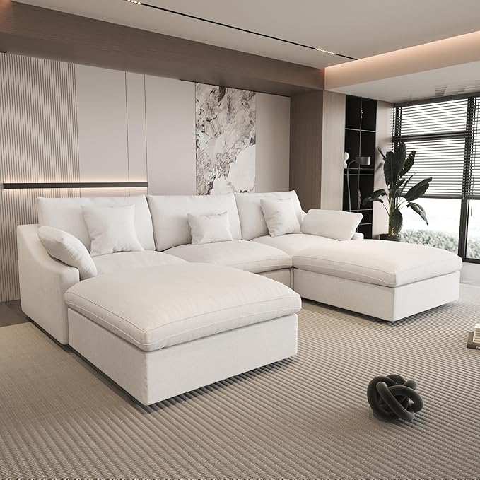 120" Cloud Couch Modular Sectional Sofa with Ottoman,Down Filled U Shaped 5 Seater Convertible Sofa,Cover Washable and Replaceable Couches for Living Room,White