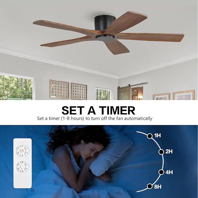 WINGBO 48" Flush Mount DC Ceiling Fans without Lights, 5 Carved Solid Wood