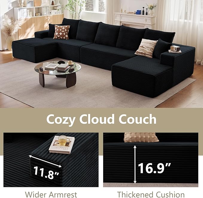 166.9" U-Shape Cloud Couch, Modern Modular Sectional Comfy L-Shape Sofa with Ottoman, Deep Seat, Upholstered Corduroy Sleeper Chaise Longue for Living Room Bedroom, No Assembly Required, Black
