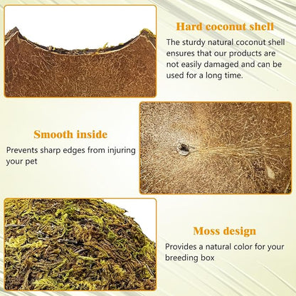 PINVNBY 2 Pack Natural Green Moss Hide Caves Coconut Reptile Hideouts Hamster Climbing Toys Gecko Habitat Decor Lizard Shell Shelter for Snake Tarantulas Turtle Chameleon