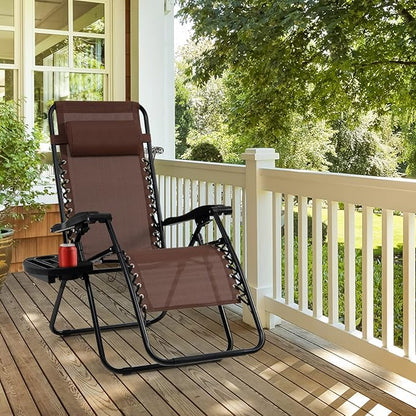 Tangkula Set of 2 Zero Gravity Chair, Folding Patio Lounge Chair Adjustable Outdoor Recliner with Cup Holder, Wide Armrest for Patio Garden Poolside Outdoor Yard Beach, Support 350 lbs (2, Brown)