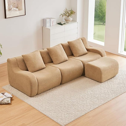 Camel L-Shaped Cloud Couch with 1 Ottoman, Modern Teddy Fabric Boneless Sectional Sofa in a Box, Modular Floor Sofa for Living Room, Deep Seat, No Assembly Required, Sofas para Sala
