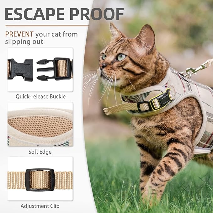 PUPTECK Soft Mesh Cat Vest Harness and Leash Set Puppy Padded Pet Harnesses Escape Proof for Cats Small Dogs Rabbits Bunny, Plaid Beige, XL