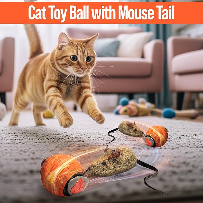 Motion Activated Self-Moving Cat Toy Ball – GlobalSun Speedy Tail 2.0 Automatic Rolling Ball Cat Toy with Mouse & Feather Tails, USB Rechargeable Interactive Toy for Indoor Cats