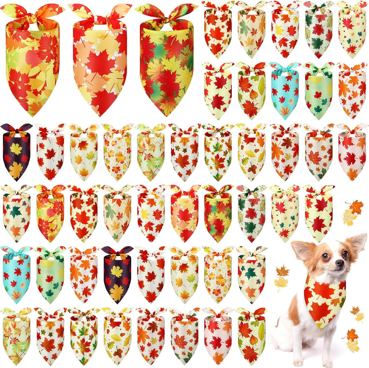 Abbylike 50 Pcs Fall Thanksgiving Dog Maple Leaves Bandanas Bulk Bandanas for Dogs Triangle Kerchief Bib Scarf for Pets Autumn Costume Photo Props Accessories Pet Shops, 25 Styles (25.6 x 17.7 x 17.7)