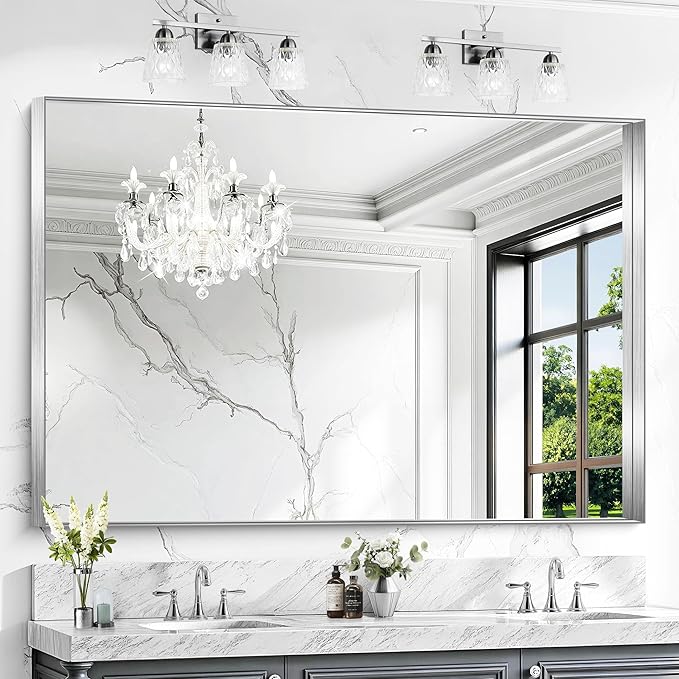 CIRCUMI Silver Bathroom Mirror, Brushed Finish, Tempered Glass, Large Mirror