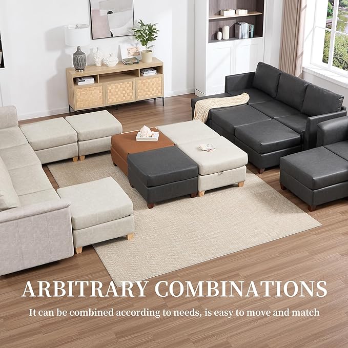 Modular Sectional Sofa,Modern U Shaped Sectional Couches for Living Room,6 Seat PU Leather Deep Seat Sectional Cloud Couch with Storage,Beige