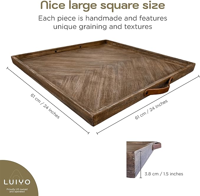 LUIYO Large Ottoman Wood Tray- with Leather Handle Decorative Wooden 24 x 24 x1.5 Inches Square Serving Tray Best for Coffee Table, Living Room and Kitchen (Large 24 * 24)