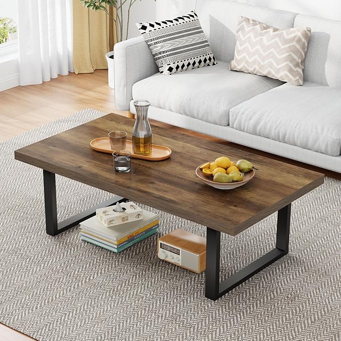 IBF Farmhouse Coffee Table, Modern Coffee Table for Living Room, Simple Industrial Rectangle Center Table, Wood Metal Tea Table for Home Bedroom Office, Rustic Oak, 47 in