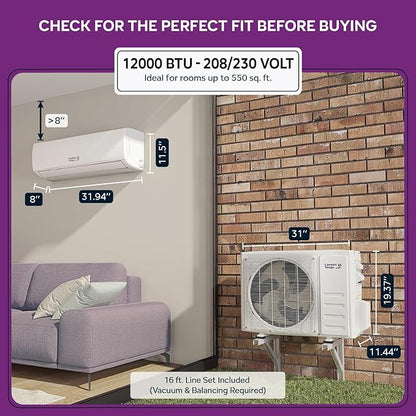 Energy-Saving 12000 BTU / 220V Ductless Mini Split AC/Heating System – 20 SEER