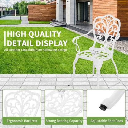 Withniture Patio Bistro Set 3 Piece Cast Aluminum Outdoor Bistro Set, Rust Resistance Bistro Table and Chairs of 2 with Umbrella Hole, Small Patio Set for Garden Outside, White
